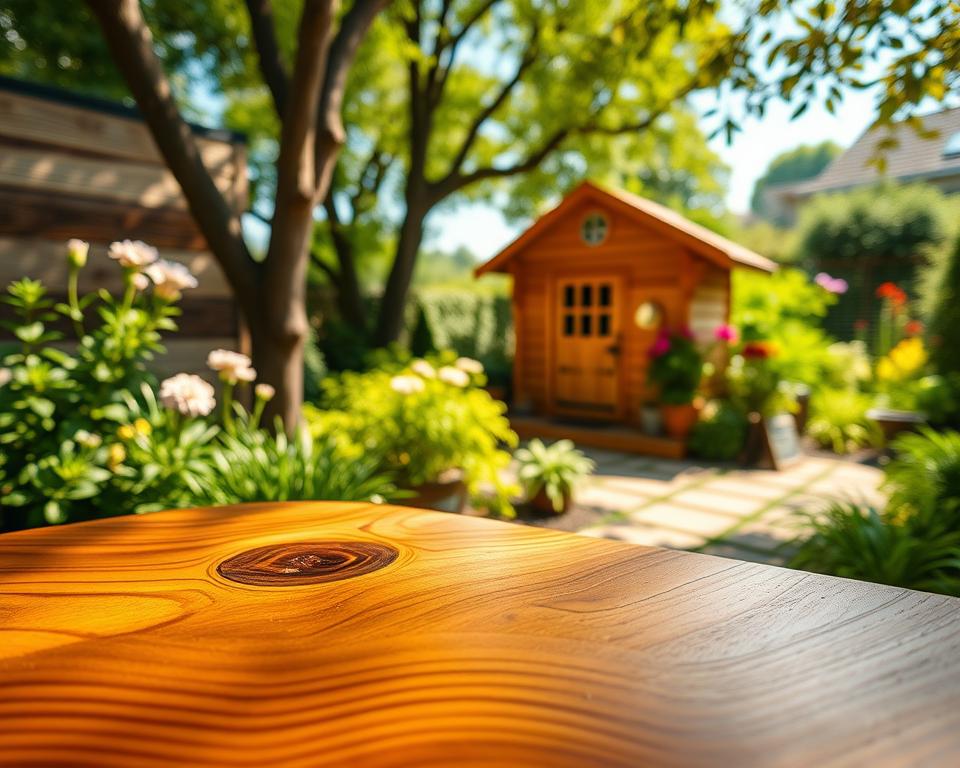 A beautiful, close-up view of polished spruce wood, emphasizing its aesthetic qualities. In the foreground, showcase the intricate grain patterns and natural knots of the wood, highlighting the warm, amber tones and smooth finish. In the middle, a well-crafted wooden garden house made of spruce, nestled among vibrant green plants and blooming flowers, accentuating the harmonious blend of nature and craftsmanship. The background features a soft-focus of a serene garden landscape under dappled sunlight, casting gentle shadows. Capture the image with a warm, inviting natural light to create a cozy and tranquil atmosphere. Use a shallow depth of field to emphasize the textures of the wood while softly blurring the background. The mood should evoke a sense of comfort and natural beauty.