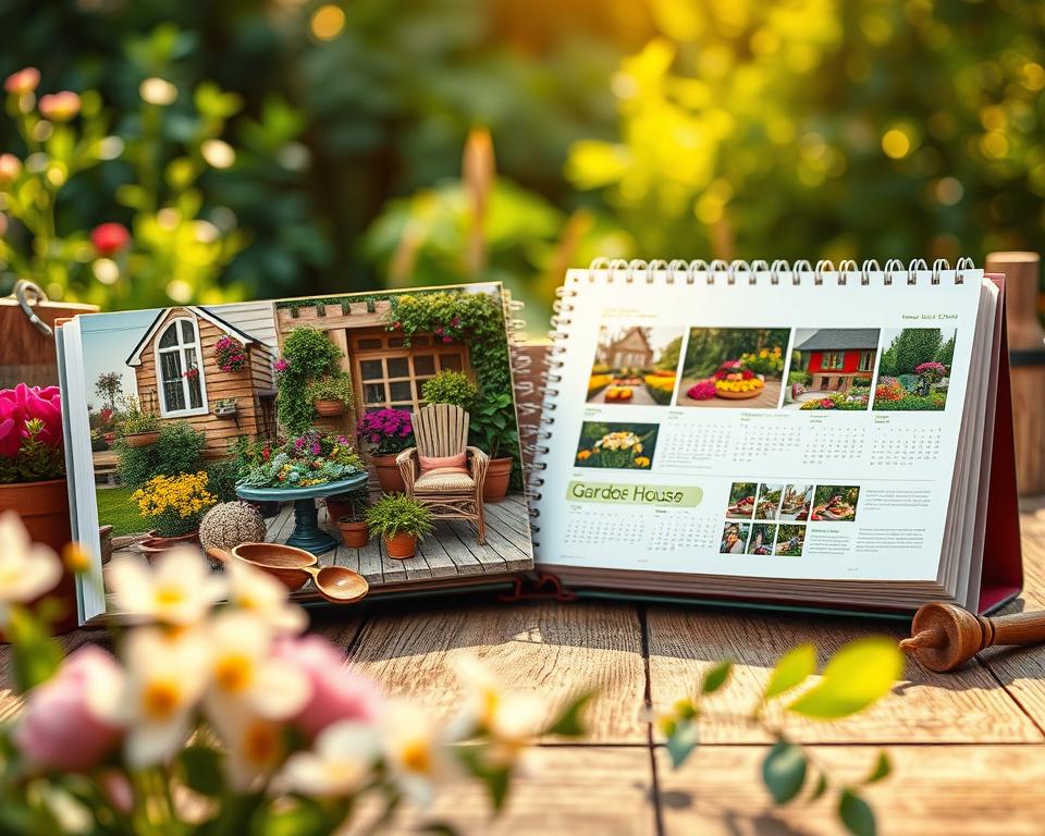 A beautifully arranged photo calendar spread open on a rustic wooden table, adorned with vibrant garden house images, such as colorful flowers, green plants, and cozy outdoor seating areas. The foreground features soft-focus blossoms and garden tools to evoke a warm and inviting atmosphere. In the middle ground, the calendar showcases thoughtfully curated images of various garden scenes, with a warm golden sunlight filtering through, casting soft shadows. The background displays lush greenery and soft bokeh effect, enhancing the peacefulness and natural beauty of the setting. The overall mood is nostalgic and heartfelt, representing a eternal memory and personal gift idea, inviting viewers to cherish their garden moments. A beautifully arranged photo calendar spread open on a rustic wooden table, adorned with vibrant garden house images, such as colorful flowers, green plants, and cozy outdoor seating areas. The foreground features soft-focus blossoms and garden tools to evoke a warm and inviting atmosphere. In the middle ground, the calendar showcases thoughtfully curated images of various garden scenes, with a warm golden sunlight filtering through, casting soft shadows. The background displays lush greenery and soft bokeh effect, enhancing the peacefulness and natural beauty of the setting. The overall mood is nostalgic and heartfelt, representing a eternal memory and personal gift idea, inviting viewers to cherish their garden moments.