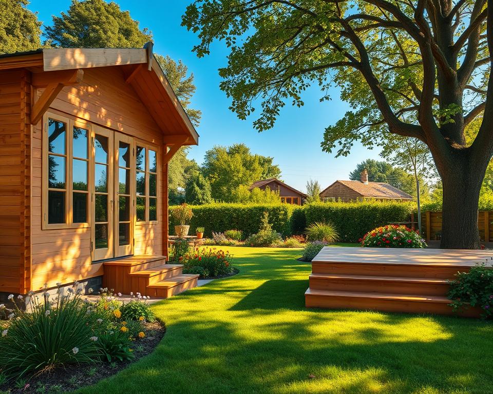 A beautifully constructed garden house made from high-quality fir wood, showcasing its structural advantages. In the foreground, the garden house features large windows and a spacious porch with wooden steps. The middle ground displays an inviting garden filled with colorful flowers and lush green grass, complementing the natural wooden texture of the house. In the background, mature trees provide shade, and a clear blue sky enhances the serene atmosphere. The scene is bathed in warm, golden sunlight, casting soft shadows to highlight the craftsmanship of the fir wood. The image captures a peaceful, idyllic setting, emphasizing the durability and aesthetic appeal of fir wood in garden house construction.