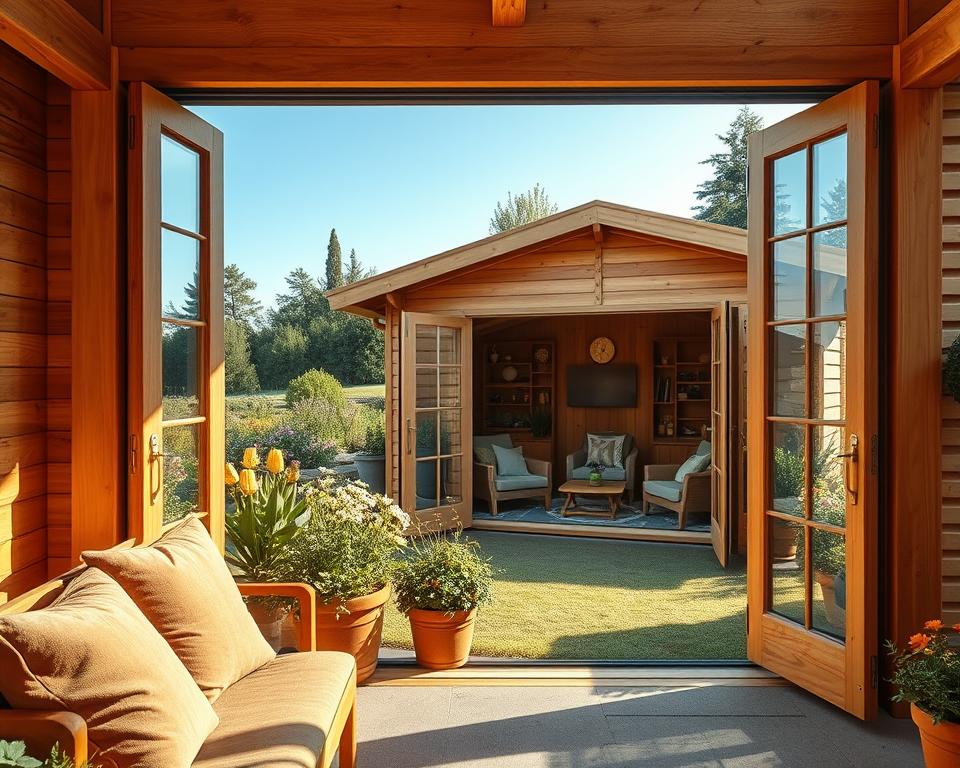 A beautifully constructed wooden garden house featuring solid wood planks, showcasing the natural grain and texture of the timber. In the foreground, a cozy seating area invites relaxation with plush cushions in earth tones, surrounded by vibrant potted plants. The middle area highlights the garden house with wide, welcoming doors opened to the garden, revealing the interior adorned with warm wooden accents and soft ambient lighting. In the background, a lush green garden flourishes, filled with blooming flowers and tall trees under a clear blue sky. The scene is illuminated by soft, golden natural light, creating a serene and inviting atmosphere, capturing the essence of warmth and timeless style.