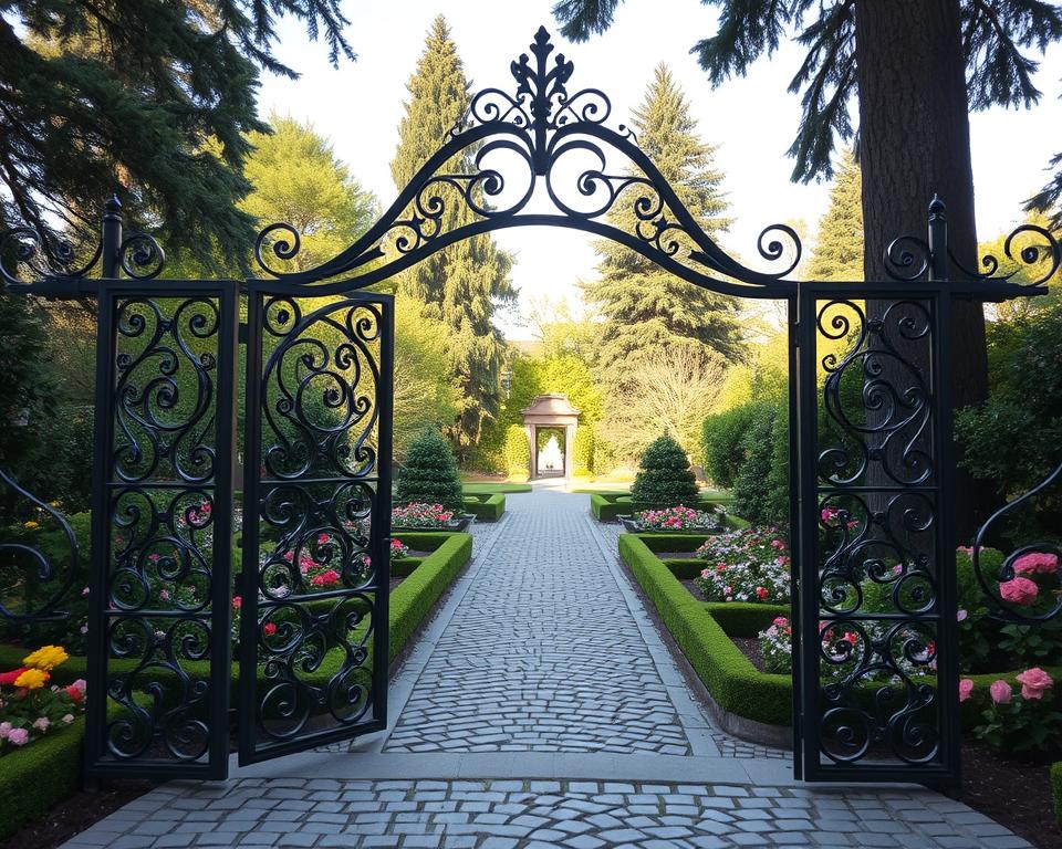 A beautifully crafted Schmiedeeisernes Tor (wrought-iron gate) stands majestically in the foreground, showcasing intricate floral and geometric patterns that exude timeless elegance. The gate is partially open, inviting viewers into a lush garden filled with vibrant greenery and blooming flowers in various hues. In the middle ground, a cobblestone path leads deeper into the garden, flanked by charming hedges and artfully arranged flower beds. The background features tall, mature trees and a clear sky, casting soft, dappled sunlight that creates a warm and inviting atmosphere. The image captures the essence of classic charm, emphasizing the artistry of the gate while evoking a serene and tranquil feeling. Use natural lighting and a slightly elevated angle to enhance depth and perspective.