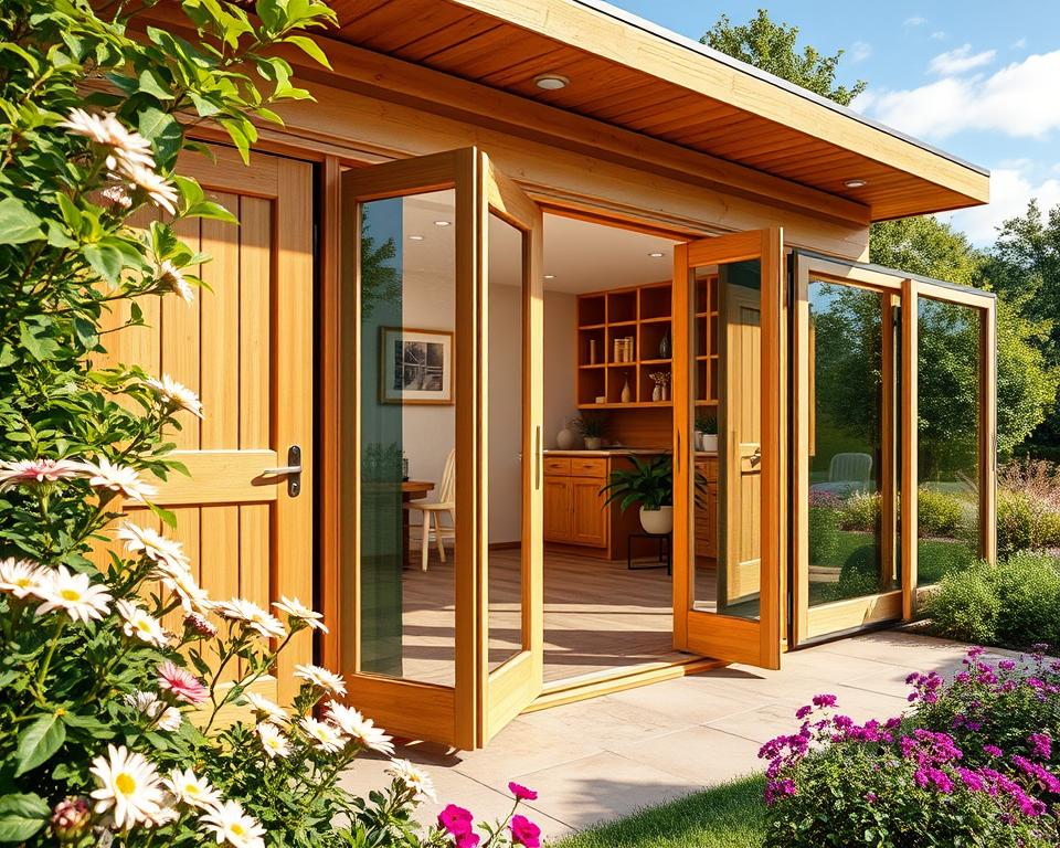 A beautifully crafted garden house showcasing three distinct types of doors: a single pivot door, elegant double doors, and a sleek sliding door. In the foreground, highlight the stylish pivot door with a polished finish, flanked by blooming flowers. The middle layer features the grand double doors, slightly ajar, revealing a bright interior with wood accents and potted plants. The sliding door is positioned on the right, seamlessly integrating into the garden's natural landscape. Surround these elements with lush greenery, vibrant bushes, and a clear blue sky. Use soft, natural lighting to create a warm, inviting atmosphere, capturing the essence of a serene garden. Employ a wide-angle lens to encompass the entire scene, ensuring a balanced composition. A beautifully crafted garden house showcasing three distinct types of doors: a single pivot door, elegant double doors, and a sleek sliding door. In the foreground, highlight the stylish pivot door with a polished finish, flanked by blooming flowers. The middle layer features the grand double doors, slightly ajar, revealing a bright interior with wood accents and potted plants. The sliding door is positioned on the right, seamlessly integrating into the garden's natural landscape. Surround these elements with lush greenery, vibrant bushes, and a clear blue sky. Use soft, natural lighting to create a warm, inviting atmosphere, capturing the essence of a serene garden. Employ a wide-angle lens to encompass the entire scene, ensuring a balanced composition.