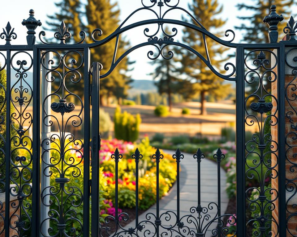 A beautifully crafted metal garden gate, showcasing intricate wrought iron patterns and an elegant arch design, stands prominently in the foreground. The gate is adorned with botanical motifs, reflecting durability and sophistication. In the middle ground, a well-maintained garden filled with vibrant flowers and lush greenery complements the gate, illuminated by soft, warm sunlight that enhances the textures and details of the metalwork. The background features a serene landscape, with tall trees and a clear blue sky, creating a peaceful atmosphere. This image captures the essence of metal gates as a robust and timeless solution for garden entryways, inviting viewers to appreciate their beauty and strength. The angle is slightly elevated, focusing on the gate while softly blurring the garden elements for depth.