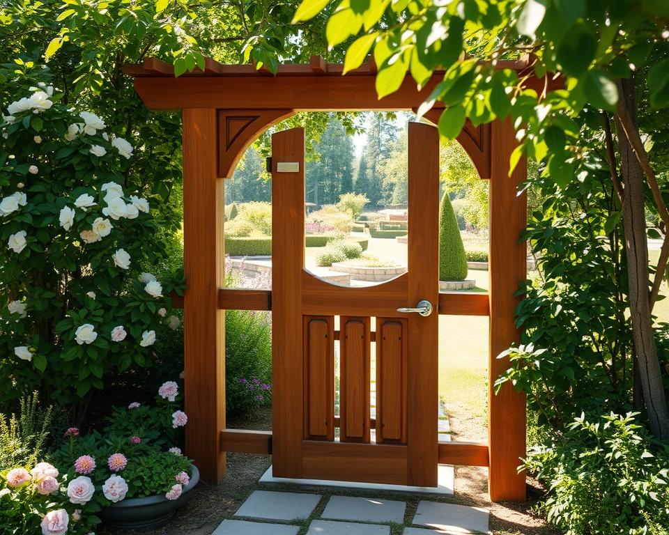 A beautifully crafted wooden garden gate, designed to exude natural elegance, stands prominently in the foreground. The gate features intricate carvings and a rich, warm wood finish that showcases its craftsmanship. Surrounding the gate, lush greenery and blooming flowers create a vibrant, inviting atmosphere, enhancing the garden's natural beauty. In the middle ground, a stone pathway leads through the gate, drawing the viewer's eye towards the serene garden beyond. Soft, dappled sunlight filters through the leaves, casting gentle shadows on the ground, while the background reveals a glimpse of a tranquil, well-maintained garden landscape. The overall mood is peaceful and harmonious, perfect for a garden retreat, captured from a slightly elevated angle to emphasize the gate's design and its harmonious integration into the garden setting.