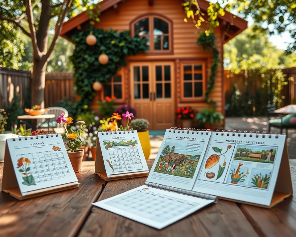 A beautifully designed garden house, featuring an inviting outdoor area adorned with colorful flowers and creative decorations. In the foreground, a rustic wooden table is set with a variety of artistic calendar pages displaying different themes related to gardening and nature. The middle ground showcases the charming garden house itself, painted in warm, earthy tones, with large windows and climbing vines. In the background, lush greenery and a vibrant floral garden create a serene atmosphere. Soft, natural lighting filters through the trees, casting gentle shadows. The perspective is from a slightly elevated angle, capturing both the details of the calendar designs and the overall charm of the garden setting, evoking a cheerful and creative mood. A beautifully designed garden house, featuring an inviting outdoor area adorned with colorful flowers and creative decorations. In the foreground, a rustic wooden table is set with a variety of artistic calendar pages displaying different themes related to gardening and nature. The middle ground showcases the charming garden house itself, painted in warm, earthy tones, with large windows and climbing vines. In the background, lush greenery and a vibrant floral garden create a serene atmosphere. Soft, natural lighting filters through the trees, casting gentle shadows. The perspective is from a slightly elevated angle, capturing both the details of the calendar designs and the overall charm of the garden setting, evoking a cheerful and creative mood.