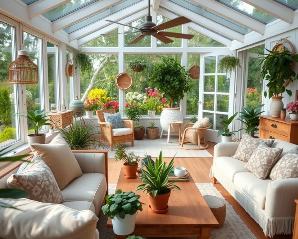 A beautifully designed garden house interior showcasing various furnishing styles, emphasizing a blend of rustic charm and modern elegance. In the foreground, a cozy seating area with plush cushions and a wooden coffee table, adorned with potted plants. The middle ground features an open layout, showcasing diverse decoration styles such as Scandinavian minimalism, Bohemian accents, and contemporary chic. Behind, large windows invite natural light, framing a lush garden view filled with vibrant flowers and greenery. Soft, warm lighting enhances the inviting atmosphere. The camera angle is slightly elevated, capturing the harmonious blend of styles and the serene ambiance, ideal for relaxation and creativity. No people are present, ensuring focus on the enchanting decor without distractions.