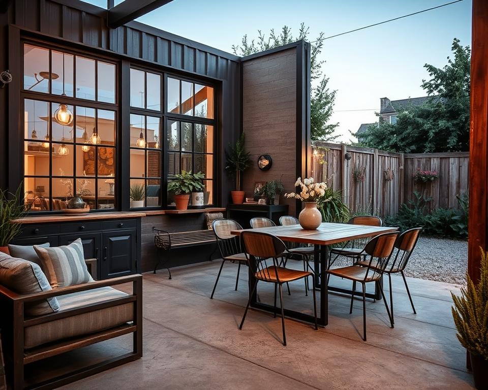 A beautifully designed garden shed furnished in an Industrial Style, showcasing a mix of raw materials and modern aesthetics. In the foreground, stylish metal furniture with weathered wood accents, such as a sleek dining table and comfortable chairs, set against a textured concrete floor. The middle ground features large, industrial-style windows allowing natural light to stream in, illuminating decorative elements like vintage light fixtures and potted plants. The background includes a glimpse of a lush garden, with rustic fencing and greenery, creating a harmonious urban escape. The scene is captured at dusk with warm, subdued lighting to enhance the cozy and inviting atmosphere. Use a wide-angle lens to capture the full essence of urban charm.