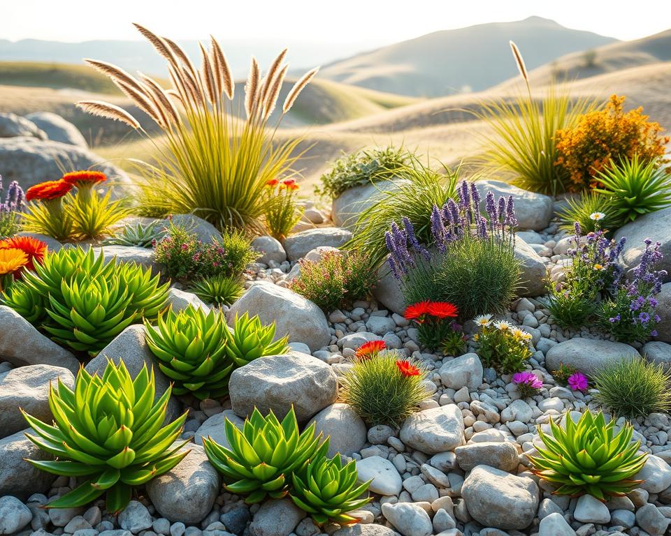 A beautifully designed modern rock garden, showcasing various planting concepts and harmonious color palettes. In the foreground, vibrant green succulents and colorful flowering plants intermingle with smooth stones and delicate pebbles. The middle ground features clusters of ornamental grasses swaying gently, with pops of bright flowers like daisies and lavender. In the background, subtle, rolling hills enhance the tranquility of the scene under soft, warm sunlight, creating a serene and inviting atmosphere. The image is captured from a slightly elevated angle, showcasing depth and layers while maintaining a clear focus on the diverse plants' colors and textures. The overall mood is calming and inspiring, perfect for garden enthusiasts looking for ideas.