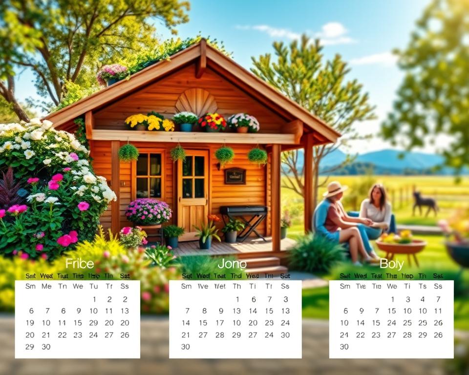A beautifully designed photo calendar showcasing various garden house motifs, featuring an artistic arrangement of seasonal images, such as a cozy wooden garden house enveloped by blooming flowers, lush greenery, and vibrant colors. In the foreground, display delicate text elements that integrate seamlessly into the design, emphasizing key features of each month. The middle ground features pleasantly lit scenes of garden activities, like planting and enjoying a barbecue, captured in soft, natural light. The background shows a serene garden landscape under a bright blue sky, enhancing the peaceful atmosphere. Use a shallow depth of field to focus on the text integration while gently blurring the scenic backdrop, creating a warm and inviting mood. Capture this from a slightly elevated angle to provide depth and perspective, while ensuring there are no text overlays or watermarks in the image. A beautifully designed photo calendar showcasing various garden house motifs, featuring an artistic arrangement of seasonal images, such as a cozy wooden garden house enveloped by blooming flowers, lush greenery, and vibrant colors. In the foreground, display delicate text elements that integrate seamlessly into the design, emphasizing key features of each month. The middle ground features pleasantly lit scenes of garden activities, like planting and enjoying a barbecue, captured in soft, natural light. The background shows a serene garden landscape under a bright blue sky, enhancing the peaceful atmosphere. Use a shallow depth of field to focus on the text integration while gently blurring the scenic backdrop, creating a warm and inviting mood. Capture this from a slightly elevated angle to provide depth and perspective, while ensuring there are no text overlays or watermarks in the image.
