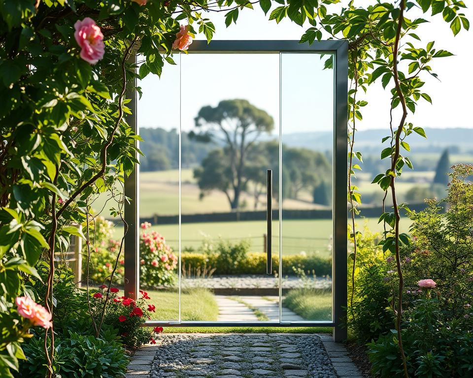 A beautifully designed transparent garden gate made of elegant tempered glass, framed in sleek stainless steel. The gate stands tall in a lush garden, surrounded by vibrant flowering plants and leafy greenery. In the foreground, delicate vines trail along the edges of the gate, creating a natural frame. The middle ground features an inviting path leading into the garden, bordered by small stones. Soft, natural daylight filters through the foliage, casting gentle shadows and highlighting the gate's clean lines and modern aesthetic. The background consists of a serene landscape with distant trees softly blurred out, ensuring the gate is the focal point. The overall mood is tranquil and airy, evoking a sense of openness and connection with nature.