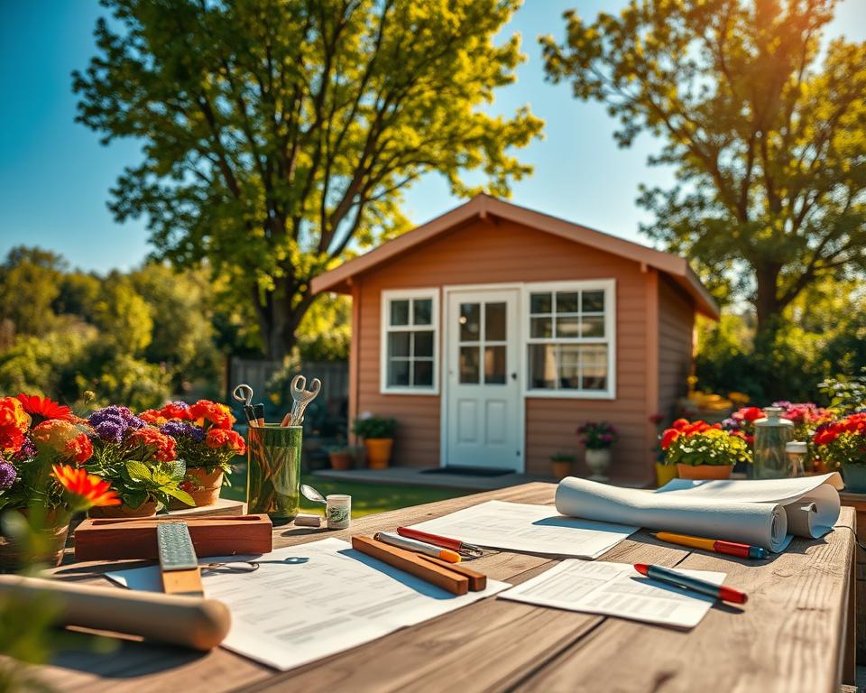 A beautifully staged outdoor scene featuring a serene garden shed surrounded by vibrant greenery and colorful flowers. In the foreground, a neatly arranged workspace is visible with tools, plans, and quality checklists scattered on a rustic wooden table. The middle ground showcases the garden shed, painted in warm earthy tones, with large windows that let in soft, golden sunlight, creating a welcoming atmosphere. In the background, lush trees frame the scene under a clear blue sky. The lighting is natural and bright, suggesting a sunny day, while the angle captures both detail of the shed and the surrounding flora. The overall mood is calm and productive, emphasizing a high-quality craft in gardening. A beautifully staged outdoor scene featuring a serene garden shed surrounded by vibrant greenery and colorful flowers. In the foreground, a neatly arranged workspace is visible with tools, plans, and quality checklists scattered on a rustic wooden table. The middle ground showcases the garden shed, painted in warm earthy tones, with large windows that let in soft, golden sunlight, creating a welcoming atmosphere. In the background, lush trees frame the scene under a clear blue sky. The lighting is natural and bright, suggesting a sunny day, while the angle captures both detail of the shed and the surrounding flora. The overall mood is calm and productive, emphasizing a high-quality craft in gardening.