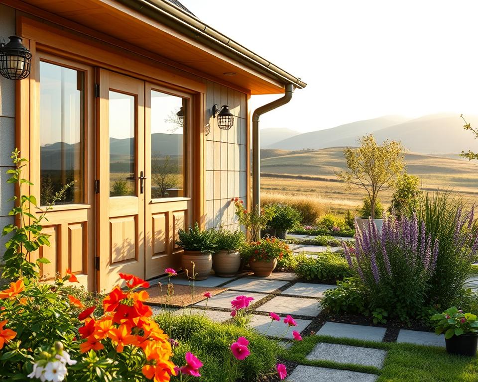 A charming Scandinavian-style garden house with modern and country elements, featuring comfortable wooden doors and large windows that invite natural light. The foreground includes a well-manicured garden with vibrant flowers and greenery, while the middle ground displays the inviting entrance of the house adorned with potted plants. In the background, gently rolling hills and a serene sky enhance the tranquil atmosphere. The scene is bathed in soft, warm sunlight, casting gentle shadows that add depth. The image should capture a cozy, welcoming vibe, emphasizing the beauty of rustic yet contemporary design, suited for an article about selecting and installing garden doors. A charming Scandinavian-style garden house with modern and country elements, featuring comfortable wooden doors and large windows that invite natural light. The foreground includes a well-manicured garden with vibrant flowers and greenery, while the middle ground displays the inviting entrance of the house adorned with potted plants. In the background, gently rolling hills and a serene sky enhance the tranquil atmosphere. The scene is bathed in soft, warm sunlight, casting gentle shadows that add depth. The image should capture a cozy, welcoming vibe, emphasizing the beauty of rustic yet contemporary design, suited for an article about selecting and installing garden doors.