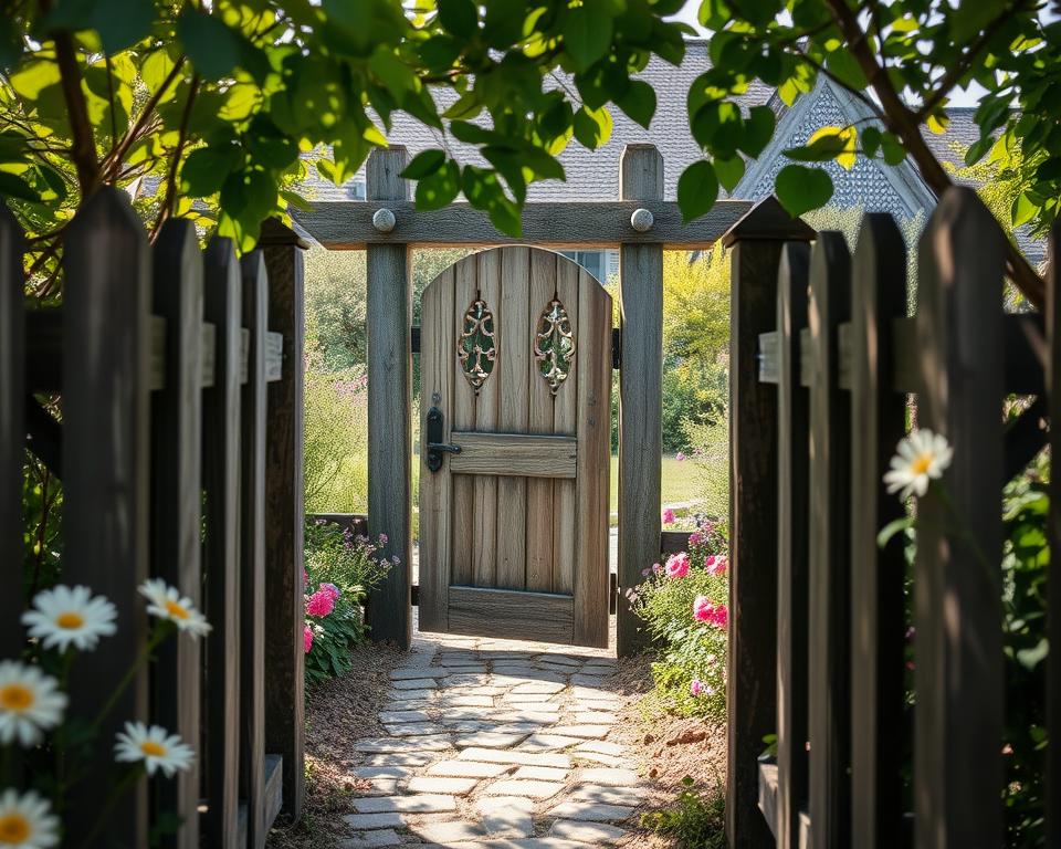 A charming garden gate designed for a small pathway or side entrance, situated in a lush, blooming garden. The gate is made of weathered wooden slats with intricate carvings, surrounded by vibrant flowers such as roses and daisies. In the foreground, the fence framing the gate adds to the rustic appeal, while soft, dappled sunlight filters through the leaves overhead, creating a warm, inviting atmosphere. The middle ground features a cobblestone path leading to the gate, and in the background, a picturesque garden with varied greenery enhances the scene. The angle captures the gate from a slight low perspective, emphasizing its height and inviting entrance, evoking a sense of tranquility and natural beauty.