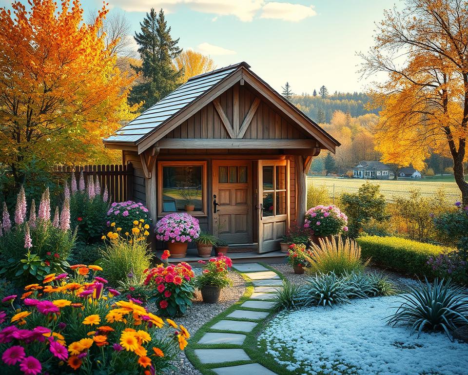 A charming garden house surrounded by vibrant seasonal flora, illustrating the emotional bond with nature throughout the year. In the foreground, colorful flowers blooming in spring, lush green foliage in summer, golden leaves in autumn, and a serene blanket of snow in winter. The middle ground features the garden house with a rustic wooden exterior, a small porch adorned with potted plants, and a welcoming feel. The background shows a tranquil landscape with trees that reflect the changing seasons, a clear blue sky, and soft, warm sunlight bathing the scene. Use a soft focus lens effect to enhance the mood, with warm, inviting lighting that captures the essence of nature’s beauty and the serenity of garden life. A charming garden house surrounded by vibrant seasonal flora, illustrating the emotional bond with nature throughout the year. In the foreground, colorful flowers blooming in spring, lush green foliage in summer, golden leaves in autumn, and a serene blanket of snow in winter. The middle ground features the garden house with a rustic wooden exterior, a small porch adorned with potted plants, and a welcoming feel. The background shows a tranquil landscape with trees that reflect the changing seasons, a clear blue sky, and soft, warm sunlight bathing the scene. Use a soft focus lens effect to enhance the mood, with warm, inviting lighting that captures the essence of nature’s beauty and the serenity of garden life.