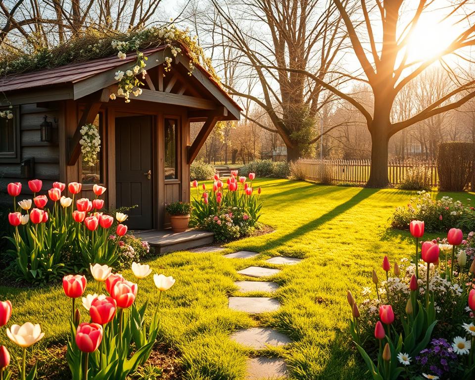 A charming spring garden house scene, capturing the essence of renewal and awakening. In the foreground, a quaint wooden garden house adorned with colorful blooms, vibrant tulips and budding flowers surround its entrance. The middle ground features a lush green lawn, dotted with soft pastel flowers, and a small stone path leading to the door. In the background, gentle rising trees bathed in warm sunlight filter through the leaves, creating a serene atmosphere. The lighting is golden and soft, reminiscent of a late afternoon sun. Capture this lively scene with a photography style resembling a wide-angle lens, emphasizing the depth and beauty of spring's arrival. The mood is uplifting, serene, and inviting, perfect for evoking the joy of the season. A charming spring garden house scene, capturing the essence of renewal and awakening. In the foreground, a quaint wooden garden house adorned with colorful blooms, vibrant tulips and budding flowers surround its entrance. The middle ground features a lush green lawn, dotted with soft pastel flowers, and a small stone path leading to the door. In the background, gentle rising trees bathed in warm sunlight filter through the leaves, creating a serene atmosphere. The lighting is golden and soft, reminiscent of a late afternoon sun. Capture this lively scene with a photography style resembling a wide-angle lens, emphasizing the depth and beauty of spring's arrival. The mood is uplifting, serene, and inviting, perfect for evoking the joy of the season.