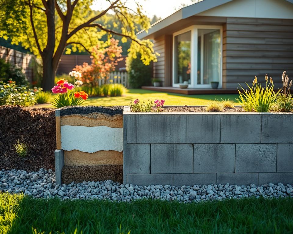 A clear and informative scene showcasing the foundation and wall thickness of a modern garden house. In the foreground, focus on a cross-section of the garden house displaying different wall layers, highlighting insulation materials and structural integrity. The middle ground features a solid concrete foundation with visible reinforcements, surrounded by soil and gravel. In the background, depict a lush garden with vibrant flowers and green grass, sunlight filtering through tree branches to create a warm atmosphere. Use natural lighting to emphasize textures and materials, with a slightly elevated angle to provide depth. The mood is professional and educational, ideal for illustrating the relationship between wall thickness and foundation stability. A clear and informative scene showcasing the foundation and wall thickness of a modern garden house. In the foreground, focus on a cross-section of the garden house displaying different wall layers, highlighting insulation materials and structural integrity. The middle ground features a solid concrete foundation with visible reinforcements, surrounded by soil and gravel. In the background, depict a lush garden with vibrant flowers and green grass, sunlight filtering through tree branches to create a warm atmosphere. Use natural lighting to emphasize textures and materials, with a slightly elevated angle to provide depth. The mood is professional and educational, ideal for illustrating the relationship between wall thickness and foundation stability.