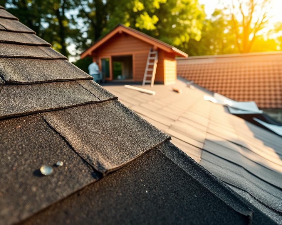 A close-up view of a roofing project focusing on "Überlappungsfehler" in bitumen roofing materials. In the foreground, display overlapping sections of dark bitumen tar paper with visible imperfections such as bubbles, gaps, and misalignments. The middle section includes a partially completed corner of a garden house roof, emphasizing the importance of proper overlap techniques. The background features a bright outdoor setting with scattered tools, a ladder, and a partially covered roof, enhancing the working environment. Utilize natural sunlight filtering through trees for warm, inviting lighting that highlights the textures of the materials. The overall mood should convey the urgency of adhering to correct roofing practices, encouraging viewers to carefully analyze the common mistakes depicted.