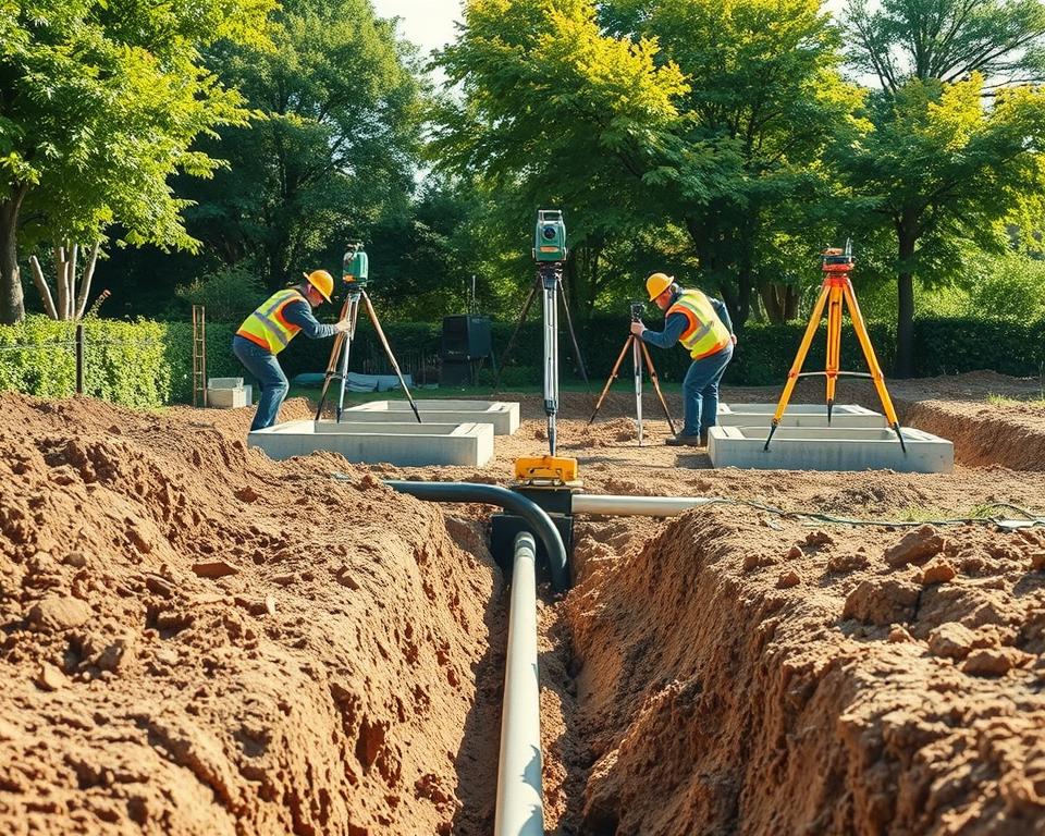 A construction site showcasing foundational work for utility installation in a garden house setting. In the foreground, a team of three workers in professional safety attire is digging and laying pipes in a trench, demonstrating precise trench alignment. The middle ground features partially completed concrete footers and surveying equipment, indicating meticulous planning for underground utility routes. In the background, lush garden trees frame the scene, highlighting a blend of natural beauty and construction activity. The lighting is bright, mimicking the golden glow of midday sun, enhancing the texture of the soil and materials. The overall mood is industrious and focused, representing the effort behind effective groundwork for electrical installations.