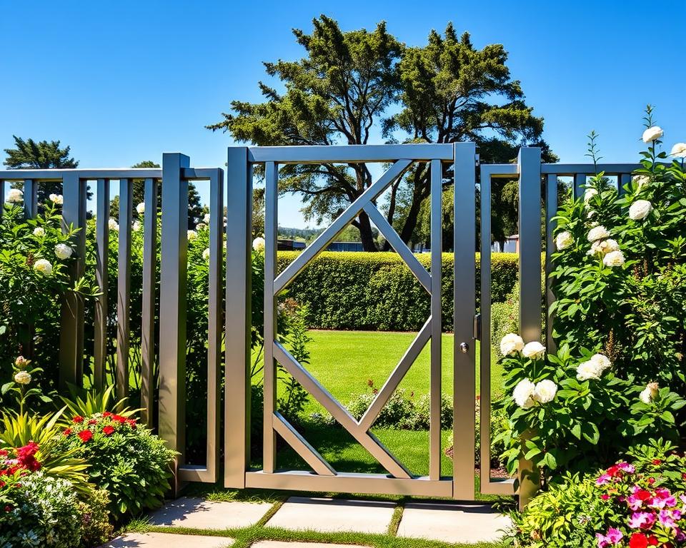 A contemporary aluminum garden gate designed with sleek lines and geometric patterns, set in a vibrant garden. The foreground features the gate, highlighted by polished metallic surfaces that reflect sunlight and create a modern aesthetic. In the middle, lush greenery and blooming flowers surround the gate, enhancing the sense of a well-maintained outdoor space. The background showcases a clear blue sky and a few distant trees, providing depth and a serene atmosphere. The scene is lit with natural sunlight, casting gentle shadows that emphasize the textures of the aluminum and the foliage. The overall mood is fresh, inviting, and harmonious, perfect for illustrating modern garden design.