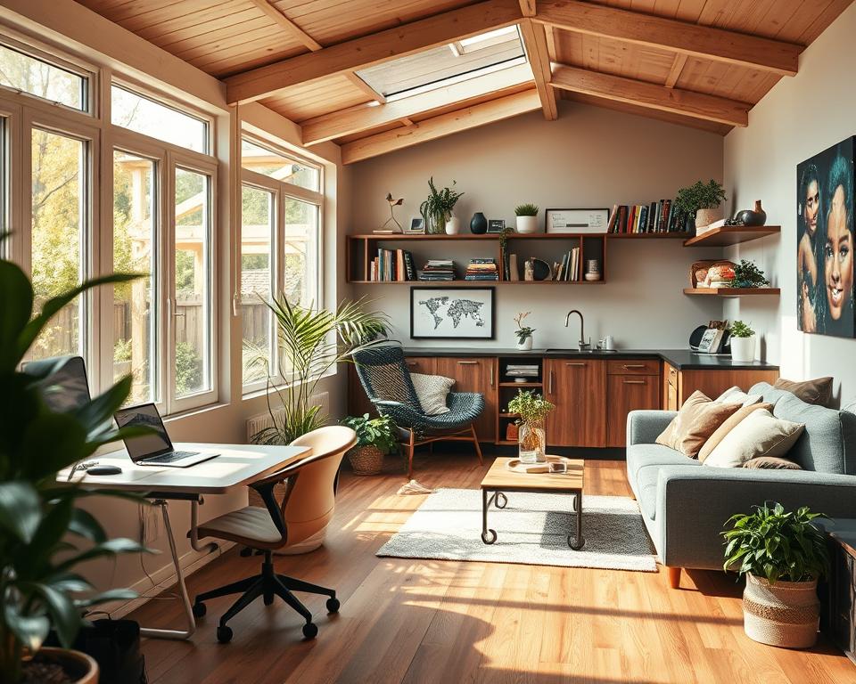 A cozy and functional garden house interior featuring a well-planned room layout concept. In the foreground, a small workspace with a compact desk and comfortable chair, surrounded by greenery visible through large windows. The middle ground showcases a multi-purpose living area with a stylish sofa, a coffee table, and shelves filled with books and decorative plants, creating an inviting environment. In the background, a compact kitchenette blends seamlessly with the overall design, emphasizing functionality. Warm, natural light filters through the windows, casting soft shadows and creating a serene atmosphere. The scene is captured with a slightly elevated angle, offering a comprehensive view of the space's efficient use and harmonious style. No human subjects present.