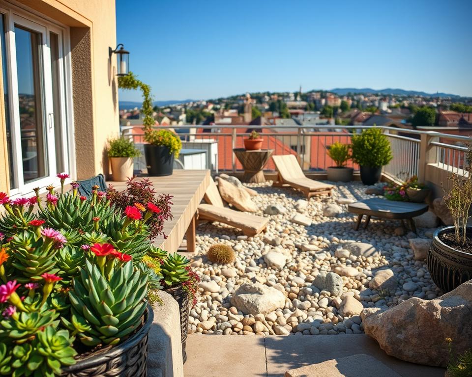 A cozy balcony and terrace transformed into a beautiful rock garden, showcasing an array of alpine plants and stone features. In the foreground, vibrant succulents and colorful flowering plants spill over stone planters. The middle ground reveals a carefully arranged rocky landscape, with diverse textures from smooth pebbles to rugged stones, allowing sunlight to glisten on their surfaces. In the background, a charming urban setting with a shy glimpse of distant rooftops under a clear blue sky. Soft, warm lighting enhances the inviting atmosphere, simulating late afternoon sun, while a slight angle captures the depth of the space. The mood is serene and tranquil, perfect for relaxation. No text or watermarks present.