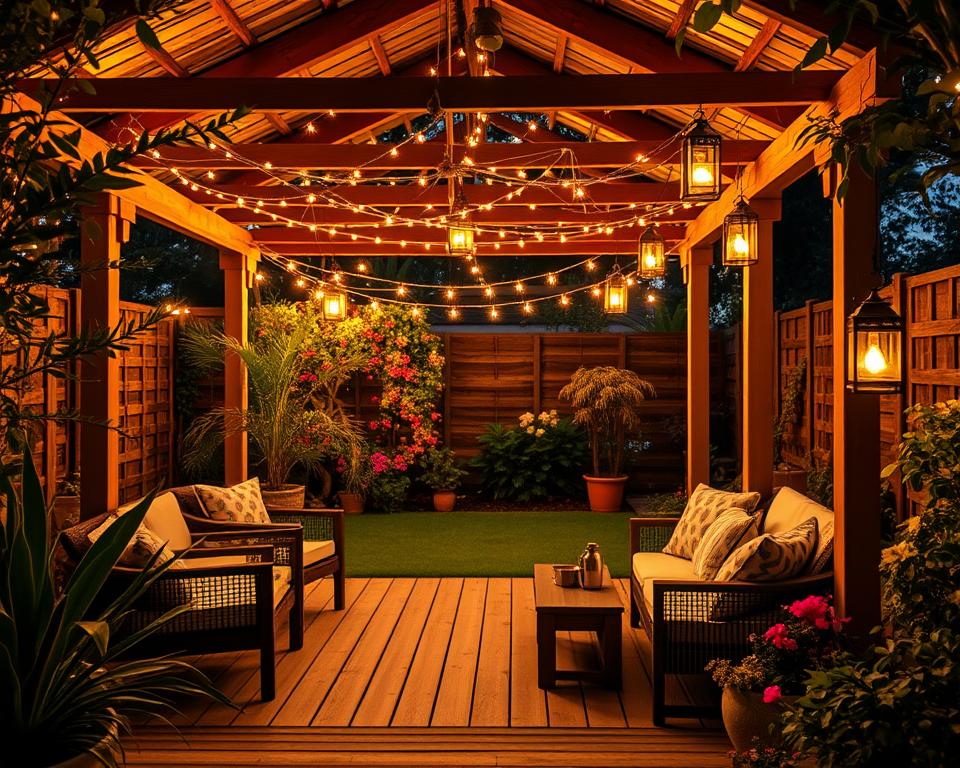 A cozy garden house illuminated by innovative lighting concepts, showcasing various interior design styles. In the foreground, a beautifully designed wooden patio with stylish outdoor furniture and soft cushions creates an inviting atmosphere. In the middle ground, warm, subtle fairy lights drape across a trellis and glowing lanterns hang from the eaves, casting enchanting light patterns. In the background, lush greenery and flowering plants frame the scene, enhancing the tranquil environment. The image captures the golden hour, with soft, diffused lighting adding warmth to the space. The angle is slightly elevated, providing a clear view of the garden's illumination while maintaining a serene and peaceful mood, perfect for outdoor relaxation and gatherings.