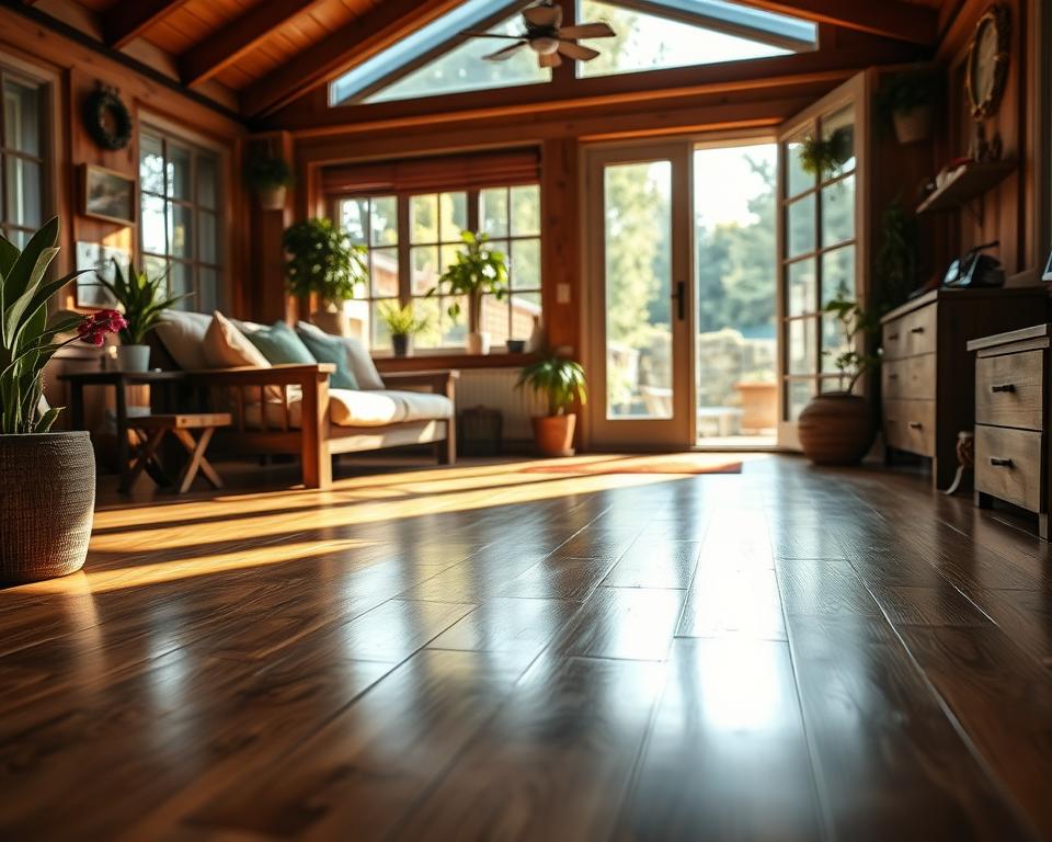 A cozy garden house interior featuring laminate flooring, showcasing a harmonious blend of comfort and style. In the foreground, focus on a beautifully arranged seating area with rustic wooden furniture and soft cushions. The middle section reveals the glossy laminate flooring reflecting natural light, enhancing the space's warmth. In the background, large windows allow sunlight to filter in, illuminating indoor plants and garden views, creating a serene atmosphere. The overall mood is inviting and tranquil, ideal for relaxation. Use soft, warm lighting typical of a late afternoon, captured from a low angle to emphasize the floor and furnishings, creating a welcoming and accessible space.
