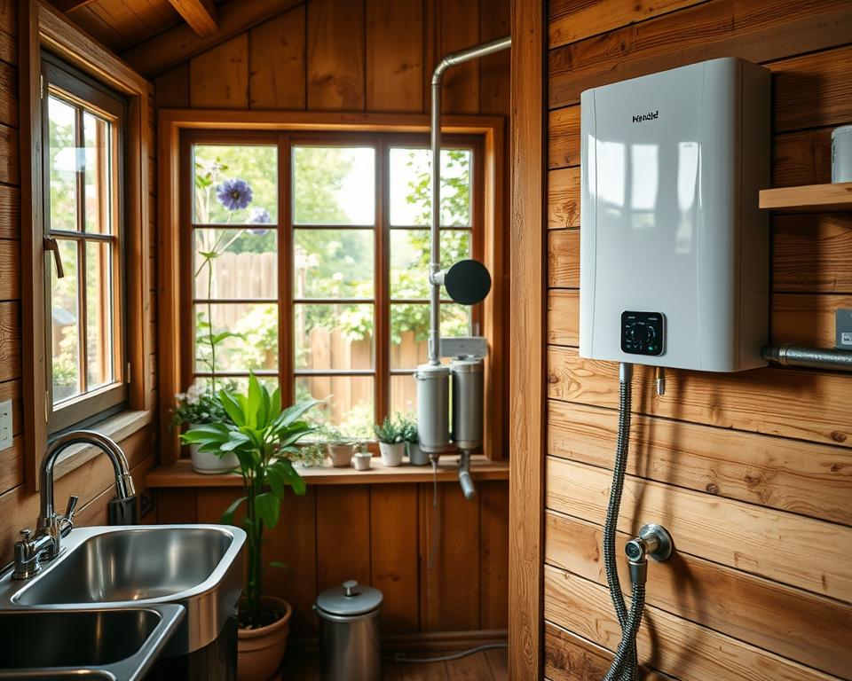 A cozy garden house interior featuring various options for warm water solutions. In the foreground, a modern water heater mounted on a wooden wall, sleek and efficient. To the left, a small sink with polished chrome fixtures, next to a window allowing natural light to stream in, reflecting off the stainless steel surfaces. In the middle, a compact water filtration system and flexible piping, showcasing functionality. The background reveals a rustic garden view through framed windows, vibrant greenery and flowers complementing the warm wooden tones of the house. Soft, inviting lighting creates a warm atmosphere, enhancing the feeling of a peaceful retreat. The composition should be focused at an eye-level angle, highlighting the practicality and charm of warm water options in a garden setting. A cozy garden house interior featuring various options for warm water solutions. In the foreground, a modern water heater mounted on a wooden wall, sleek and efficient. To the left, a small sink with polished chrome fixtures, next to a window allowing natural light to stream in, reflecting off the stainless steel surfaces. In the middle, a compact water filtration system and flexible piping, showcasing functionality. The background reveals a rustic garden view through framed windows, vibrant greenery and flowers complementing the warm wooden tones of the house. Soft, inviting lighting creates a warm atmosphere, enhancing the feeling of a peaceful retreat. The composition should be focused at an eye-level angle, highlighting the practicality and charm of warm water options in a garden setting.