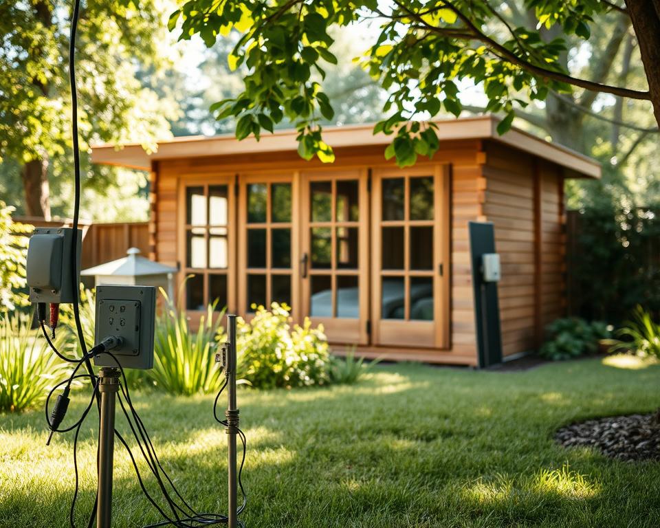 A cozy garden house setting, showcasing essential electrical components for grounding, potential equalization, and lightning protection. In the foreground, detailed representations of grounding rods and electrical panels with visible connections, including wires in a safe arrangement. The middle ground features the garden house itself, made of wood with large windows allowing natural light to create a warm, inviting atmosphere. The background incorporates lush greenery, trees, and grass, enhancing the natural environment. Soft, diffused lighting highlights the scene, with sunlight filtering through leaves, casting gentle shadows. An overall calm and reassuring mood suggests a safe and secure garden space, professionally designed for electrical safety. No human figures present, ensuring a focus on the technical and aesthetic elements.