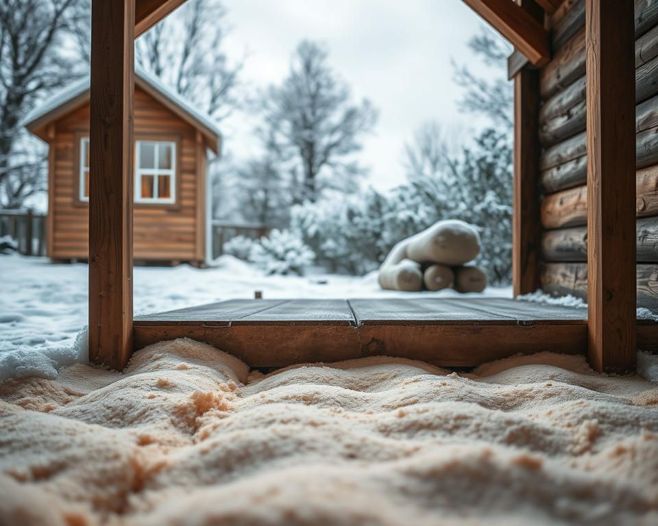 A cozy garden shed in a winter landscape, showcasing a well-insulated floor and sturdy foundation designed against cold and moisture. In the foreground, focus on detailed wooden beams and a thick layer of insulation material surrounding the base of the shed. The middle ground features a warm glow emanating from the shed's windows, suggesting a welcoming interior. In the background, snow-covered trees and a soft, overcast sky create a cold atmosphere while a gentle dusting of snow settles on the shed's roof. Use natural lighting to enhance the textures of the wood and insulation, with a shallow depth of field to draw attention to the shed's foundation. Capture a tranquil, practical mood. A cozy garden shed in a winter landscape, showcasing a well-insulated floor and sturdy foundation designed against cold and moisture. In the foreground, focus on detailed wooden beams and a thick layer of insulation material surrounding the base of the shed. The middle ground features a warm glow emanating from the shed's windows, suggesting a welcoming interior. In the background, snow-covered trees and a soft, overcast sky create a cold atmosphere while a gentle dusting of snow settles on the shed's roof. Use natural lighting to enhance the textures of the wood and insulation, with a shallow depth of field to draw attention to the shed's foundation. Capture a tranquil, practical mood.