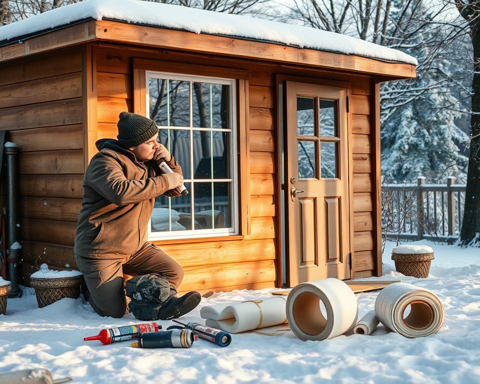A cozy garden shed in winter preparation, featuring a skilled professional in modest work attire sealing windows and doors for winter insulation. In the foreground, the professional is applying weatherstripping to a window frame, showing attention to detail. In the middle ground, various tools and materials like caulk, foam insulation, and a roll of weatherstrip lie nearby, emphasizing the DIY aspect. The background features a snowy landscape with trees and a gentle snowfall, enhancing the winter theme. Soft, natural light filters through the snowy scene, casting a warm glow on the shed, creating a sense of calm and comfort. The atmosphere is focused and industrious, illustrating the importance of winterizing a garden structure. A cozy garden shed in winter preparation, featuring a skilled professional in modest work attire sealing windows and doors for winter insulation. In the foreground, the professional is applying weatherstripping to a window frame, showing attention to detail. In the middle ground, various tools and materials like caulk, foam insulation, and a roll of weatherstrip lie nearby, emphasizing the DIY aspect. The background features a snowy landscape with trees and a gentle snowfall, enhancing the winter theme. Soft, natural light filters through the snowy scene, casting a warm glow on the shed, creating a sense of calm and comfort. The atmosphere is focused and industrious, illustrating the importance of winterizing a garden structure.