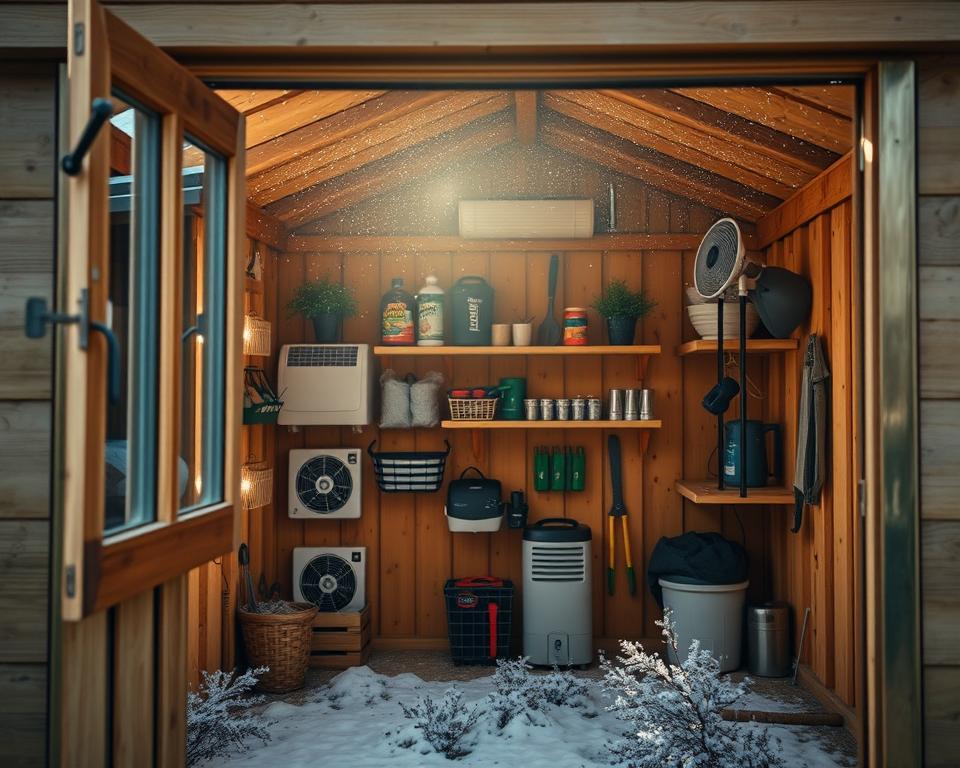 A cozy garden shed in winter, showcasing an interior with well-ventilated design features. In the foreground, a window is opened slightly, allowing fresh air to flow inside, with soft sunlight streaming through, illuminating the wooden walls lined with moisture-absorbing materials. The middle showcases shelves with tools and gardening supplies neatly arranged, while hints of dehumidifiers and air circulation fans suggest effective moisture control. In the background, a frosty landscape with light snow covers the ground, enhancing the winter atmosphere. The scene conveys a sense of warmth and sustainability, with an inviting yet practical ambiance. Aim for a bright, natural lighting effect, shot from a slightly elevated angle to capture the entire scene beautifully. A cozy garden shed in winter, showcasing an interior with well-ventilated design features. In the foreground, a window is opened slightly, allowing fresh air to flow inside, with soft sunlight streaming through, illuminating the wooden walls lined with moisture-absorbing materials. The middle showcases shelves with tools and gardening supplies neatly arranged, while hints of dehumidifiers and air circulation fans suggest effective moisture control. In the background, a frosty landscape with light snow covers the ground, enhancing the winter atmosphere. The scene conveys a sense of warmth and sustainability, with an inviting yet practical ambiance. Aim for a bright, natural lighting effect, shot from a slightly elevated angle to capture the entire scene beautifully.