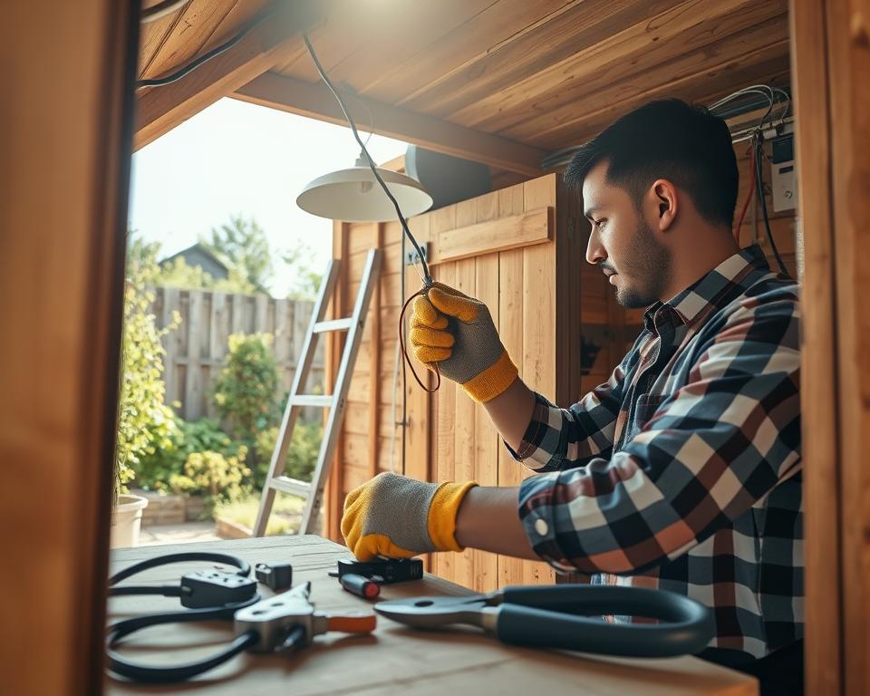 A cozy garden shed installation scene showcasing the process of installing electrical wiring. In the foreground, a professional technician in a work shirt and safety gloves carefully connects wires inside a small, rustic wooden shed. Tools like pliers and a wire stripper are neatly arranged on a workbench. In the middle ground, hints of greenery and garden plants create a vibrant atmosphere, with a small ladder propped against the shed. The background features a bright, sunny sky, filtering warm natural light that casts soft shadows. The mood is focused and productive, emphasizing the importance of safety and precision in electrical work. The angle is slightly elevated, capturing both the technician's concentration and the inviting, organized space of the garden shed.