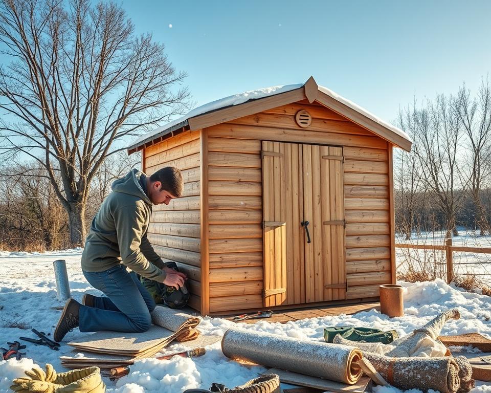 A cozy garden shed prepared for winter, depicted in a serene countryside setting. In the foreground, a person in modest casual clothing is securing insulation panels around the shed's base, surrounded by gardening tools and supplies, like gloves and a roll of bubble wrap. In the middle ground, the shed features a wooden exterior, adorned with a sloping roof covered in a light dusting of snow. Fluffy snowflakes gently fall around it, creating a peaceful ambiance. In the background, leafless trees and a clear blue sky enhance the tranquil winter atmosphere. Soft, diffused sunlight highlights the scene, casting gentle shadows and adding warmth to the chilly setting. The composition should evoke a sense of preparation and peacefulness in the face of winter's arrival. A cozy garden shed prepared for winter, depicted in a serene countryside setting. In the foreground, a person in modest casual clothing is securing insulation panels around the shed's base, surrounded by gardening tools and supplies, like gloves and a roll of bubble wrap. In the middle ground, the shed features a wooden exterior, adorned with a sloping roof covered in a light dusting of snow. Fluffy snowflakes gently fall around it, creating a peaceful ambiance. In the background, leafless trees and a clear blue sky enhance the tranquil winter atmosphere. Soft, diffused sunlight highlights the scene, casting gentle shadows and adding warmth to the chilly setting. The composition should evoke a sense of preparation and peacefulness in the face of winter's arrival.
