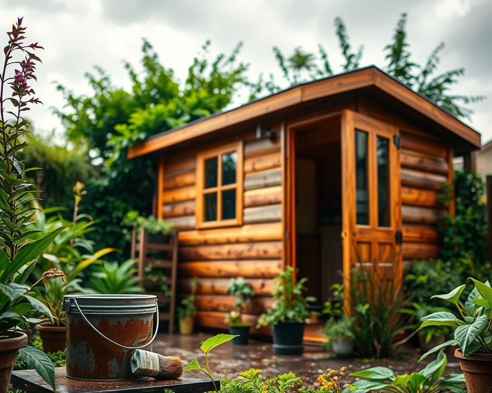 A cozy garden shed surrounded by vibrant greenery, illustrating the importance of protecting exterior walls. In the foreground, a fresh application of wood stain glistens on one side of the shed, showcasing its rich brown hue. A paint bucket and brush are nearby, with splatters hinting at recent work. In the middle, the shed features intricate wooden paneling, while droplets of water from a rain shower highlight its weather-resistant coating. The background shows a soft-focus view of a lush garden and a cloudy sky, capturing an atmospheric moment. The lighting is natural, with diffused sunlight filtering through the clouds, creating a serene, inviting mood. The angle is slightly elevated to capture both the shed and its surroundings harmoniously. A cozy garden shed surrounded by vibrant greenery, illustrating the importance of protecting exterior walls. In the foreground, a fresh application of wood stain glistens on one side of the shed, showcasing its rich brown hue. A paint bucket and brush are nearby, with splatters hinting at recent work. In the middle, the shed features intricate wooden paneling, while droplets of water from a rain shower highlight its weather-resistant coating. The background shows a soft-focus view of a lush garden and a cloudy sky, capturing an atmospheric moment. The lighting is natural, with diffused sunlight filtering through the clouds, creating a serene, inviting mood. The angle is slightly elevated to capture both the shed and its surroundings harmoniously.