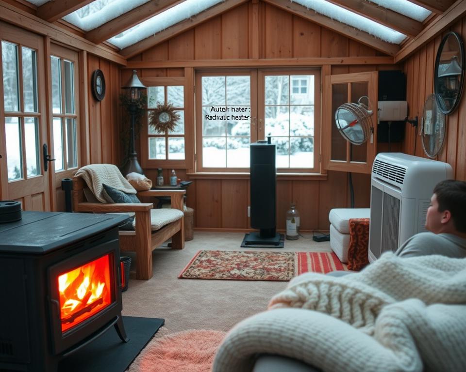 A cozy garden shed transformed into a winter retreat, showcasing various heating options like a small wood-burning stove, electric heater, and radiant floor heating. In the foreground, display a warm, glowing fire within the stove, casting soft light on rustic wooden furniture and throw blankets. The middle ground features the heaters, each detailed with safety features like automatic shut-off and energy efficiency ratings. In the background, snow gently blankets the garden outside, creating a serene contrast with the warm interior. Use soft, ambient lighting to evoke a comfortable and inviting atmosphere, captured from a slightly elevated angle to emphasize the arrangement of heating options and their integration into the space. A cozy garden shed transformed into a winter retreat, showcasing various heating options like a small wood-burning stove, electric heater, and radiant floor heating. In the foreground, display a warm, glowing fire within the stove, casting soft light on rustic wooden furniture and throw blankets. The middle ground features the heaters, each detailed with safety features like automatic shut-off and energy efficiency ratings. In the background, snow gently blankets the garden outside, creating a serene contrast with the warm interior. Use soft, ambient lighting to evoke a comfortable and inviting atmosphere, captured from a slightly elevated angle to emphasize the arrangement of heating options and their integration into the space.
