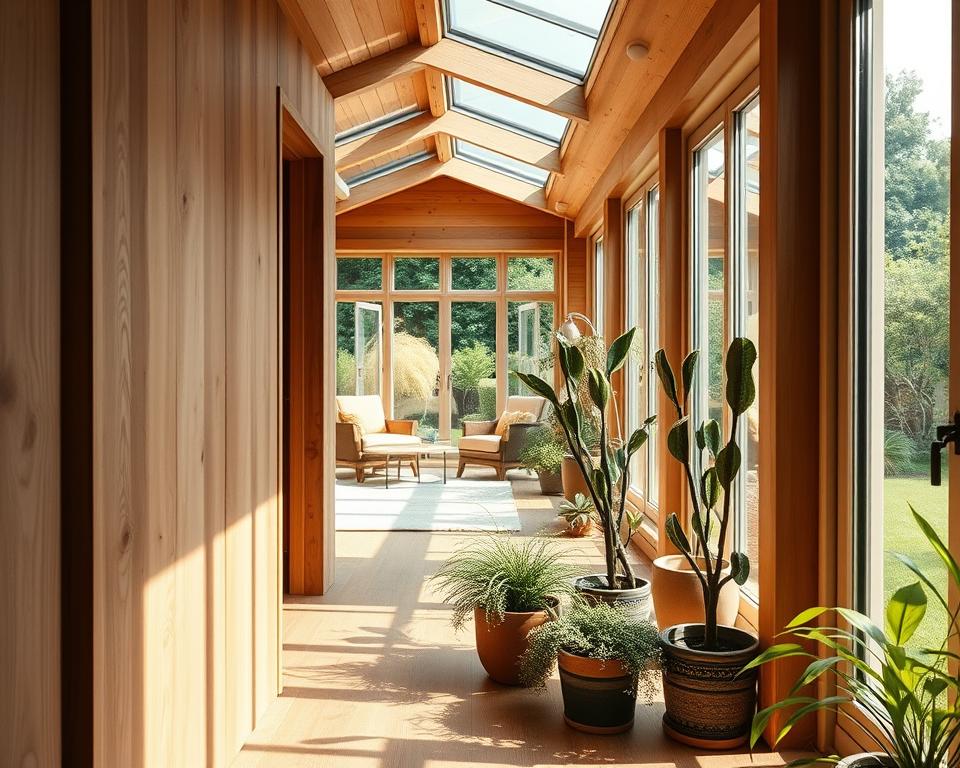 A cozy interior of a garden house, showcasing thermal insulation and wall paneling improvements. In the foreground, sleek wooden panels contrast with modern insulation materials, highlighting their efficiency. The middle ground features a spacious, well-lit room with natural light filtering through large windows, emphasizing the warmth and comfort of the interior. Surrounding the room, plants in decorative pots enhance the homey atmosphere. The background reveals a glimpse of the garden outside, filled with vibrant greenery, creating a connection between indoor comfort and outdoor nature. The scene is captured with soft, warm lighting, conveying a sense of tranquility and sustainability, ideally suited for an eco-friendly lifestyle. Use a wide-angle lens to emphasize the room's spaciousness and detail. A cozy interior of a garden house, showcasing thermal insulation and wall paneling improvements. In the foreground, sleek wooden panels contrast with modern insulation materials, highlighting their efficiency. The middle ground features a spacious, well-lit room with natural light filtering through large windows, emphasizing the warmth and comfort of the interior. Surrounding the room, plants in decorative pots enhance the homey atmosphere. The background reveals a glimpse of the garden outside, filled with vibrant greenery, creating a connection between indoor comfort and outdoor nature. The scene is captured with soft, warm lighting, conveying a sense of tranquility and sustainability, ideally suited for an eco-friendly lifestyle. Use a wide-angle lens to emphasize the room's spaciousness and detail.
