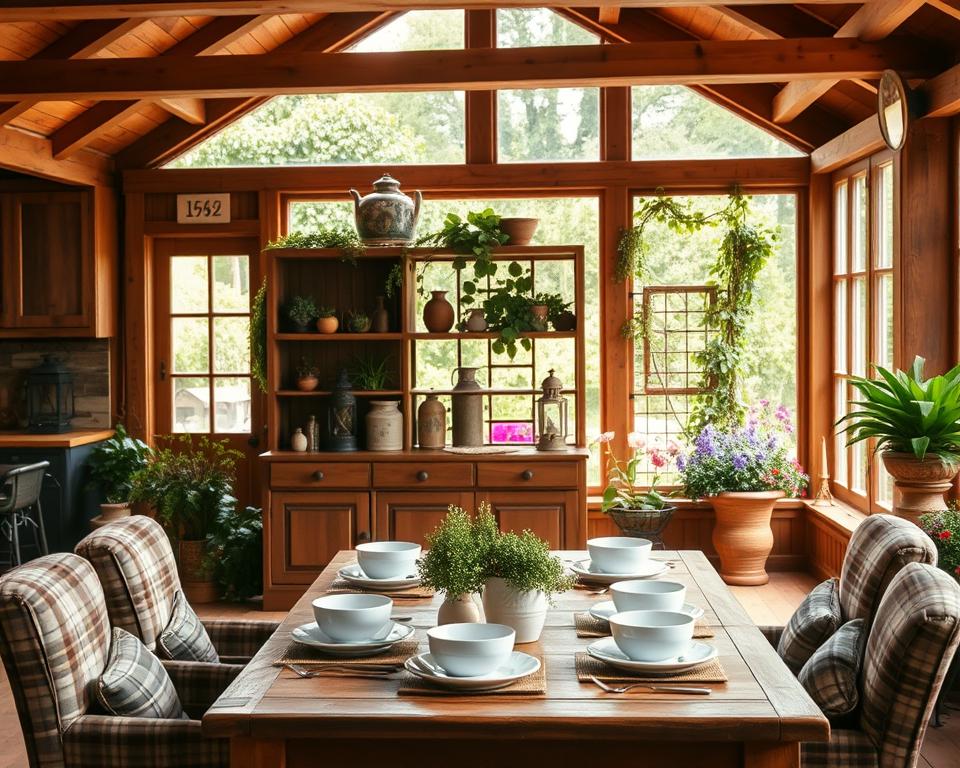 A cozy rustic garden house interior, featuring wooden beams and warm earth tones. In the foreground, a wooden table set with farm-style dishware, surrounded by comfortable, upholstered chairs with plaid patterns. The middle ground showcases a vintage wooden shelving unit filled with greenery and rustic decor items, such as lanterns and pottery. In the background, large windows allow soft, natural light to flood the space, highlighting the lush greenery outside, including climbing vines and colorful flowers in bloom. The atmosphere is inviting and peaceful, evoking a sense of comfort and tranquility in a charming countryside setting. Capture this scene with a warm, soft focus, as if viewed through a slightly blurred lens.