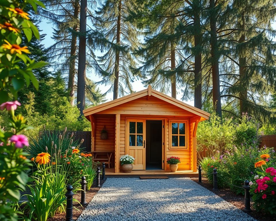 A cozy, well-constructed spruce wood garden house surrounded by lush greenery and vibrant flowers. In the foreground, focus on the intricately detailed wooden structure of the garden house, showcasing its natural grain and warm tones. In the middle ground, include a gravel pathway leading to the house, with decorative plants on either side. The background should feature tall trees and a bright blue sky, filtering soft sunlight through the leaves, creating a serene atmosphere. Capture the scene from a slightly elevated angle to provide depth, emphasizing the inviting nature of the garden house. The mood should be tranquil and harmonious, reflecting an ideal outdoor retreat.