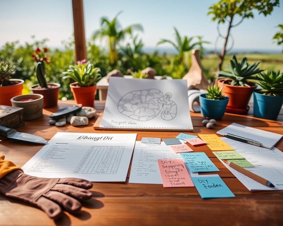 A detailed and organized scene of a budget DIY project for a rock garden. In the foreground, a wooden table displays a neatly arranged budget sheet, an organized shopping list, and various DIY tips handwritten on colorful notecards. To the left, tools like gardening gloves, a trowel, and some small stones are scattered about, indicating preparation for a project. In the middle ground, there’s a beautiful rock garden design sketched on a notepad, surrounded by potted plants. The background features a serene outdoor setting with lush greenery and a bright blue sky, creating a warm, inviting atmosphere. Natural sunlight illuminates the scene, casting soft shadows for a gentle, relaxed mood.