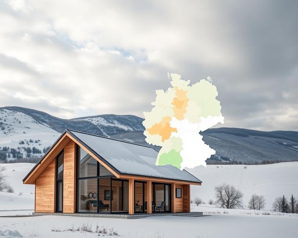 A detailed architectural illustration showcasing the static aspects and snow load zones in Germany. In the foreground, a modern garden house with varying wall thicknesses is depicted, meticulously rendered to highlight structural elements. The middle ground features a topographical map overlay of Germany, highlighting different snow load zones with color-coded regions. The background consists of gently rolling hills under a cloudy winter sky, suggesting a cold, snowy atmosphere. Soft, diffused lighting enhances the technical details, emphasizing the engineering aspects without harsh shadows. The perspective is angled slightly upwards to create depth, demonstrating the relationship between the garden house and the surrounding landscape. The overall mood is professional and informative, designed to engage readers with its clarity and detail. A detailed architectural illustration showcasing the static aspects and snow load zones in Germany. In the foreground, a modern garden house with varying wall thicknesses is depicted, meticulously rendered to highlight structural elements. The middle ground features a topographical map overlay of Germany, highlighting different snow load zones with color-coded regions. The background consists of gently rolling hills under a cloudy winter sky, suggesting a cold, snowy atmosphere. Soft, diffused lighting enhances the technical details, emphasizing the engineering aspects without harsh shadows. The perspective is angled slightly upwards to create depth, demonstrating the relationship between the garden house and the surrounding landscape. The overall mood is professional and informative, designed to engage readers with its clarity and detail.