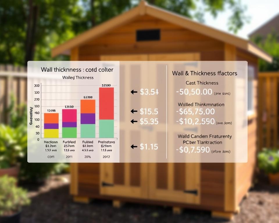A detailed budget planning graphic illustrating cost factors based on wall thickness, suitable for a professional article. In the foreground, showcase a large, visually striking diagram depicting various wall thicknesses, highlighted with distinct color codes and icons representing cost implications. In the middle, include a transparent overlay with numerical data and cost breakdowns related to different materials and constructions, using arrows for clarity. The background should be a soft-focus image of a garden shed, emphasizing the subject while maintaining a professional aesthetic. Use natural lighting to create a warm, inviting atmosphere, accentuating the textures of the materials. The composition should be clean and organized, ensuring an informative yet visually appealing presentation. A detailed budget planning graphic illustrating cost factors based on wall thickness, suitable for a professional article. In the foreground, showcase a large, visually striking diagram depicting various wall thicknesses, highlighted with distinct color codes and icons representing cost implications. In the middle, include a transparent overlay with numerical data and cost breakdowns related to different materials and constructions, using arrows for clarity. The background should be a soft-focus image of a garden shed, emphasizing the subject while maintaining a professional aesthetic. Use natural lighting to create a warm, inviting atmosphere, accentuating the textures of the materials. The composition should be clean and organized, ensuring an informative yet visually appealing presentation.