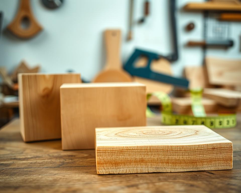 A detailed comparison of different wood types, focusing on Spruce wood in the foreground. Display three wooden samples: Spruce, Pine, and Cedar, each cut into clean, polished blocks, showcasing their unique grain patterns and colors. In the background, a serene wood workshop setting with soft, natural lighting illuminating the textures of the wood. A wooden table serves as the surface, with tools like a saw and a measuring tape subtly placed, adding context without distraction. The atmosphere should feel warm and inviting, emphasizing craftsmanship and the natural beauty of wood. Use a shallow depth of field to keep the focus on the wood samples, while softly blurring the workshop background.