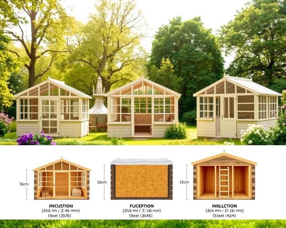 A detailed comparison of garden house wall thicknesses showcased in a visually informative way. In the foreground, feature three distinct garden houses with varying wall thicknesses, each labeled with clear indicators of their dimensions. The middle ground displays a cross-section view of walls, demonstrating insulation and structural differences. In the background, a serene garden setting with lush greenery and flowers complements the scene. Soft natural light filters through the trees, creating an inviting atmosphere. The perspective is slightly elevated, capturing the depth of the various wall structures while maintaining a focus on the garden houses. Emphasize a realistic and educational portrayal, enhancing the technical details without cluttering the image. A detailed comparison of garden house wall thicknesses showcased in a visually informative way. In the foreground, feature three distinct garden houses with varying wall thicknesses, each labeled with clear indicators of their dimensions. The middle ground displays a cross-section view of walls, demonstrating insulation and structural differences. In the background, a serene garden setting with lush greenery and flowers complements the scene. Soft natural light filters through the trees, creating an inviting atmosphere. The perspective is slightly elevated, capturing the depth of the various wall structures while maintaining a focus on the garden houses. Emphasize a realistic and educational portrayal, enhancing the technical details without cluttering the image.