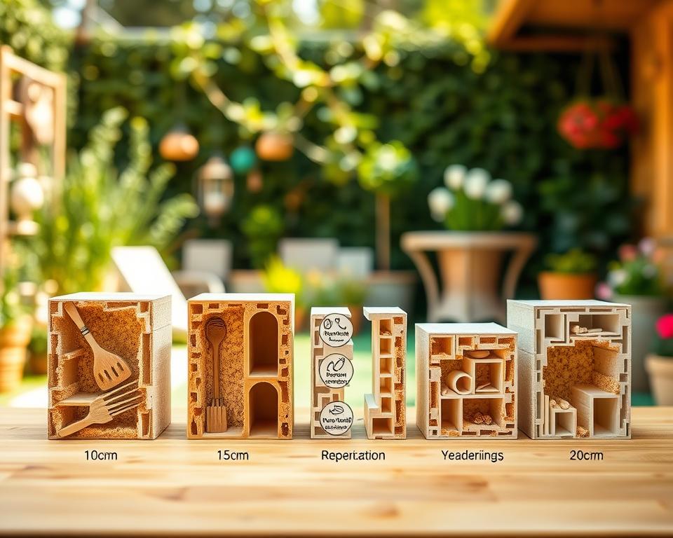 A detailed comparison of varying wall thicknesses for garden houses, showcasing typical wall profiles and their applications. In the foreground, display several cross-section models of garden house walls in different thicknesses (e.g., 10cm, 15cm, 20cm), each highlighting different insulation materials and structures. In the middle ground, include labeled icons or illustrations that represent specific uses for each thickness, such as gardening tool storage, recreational spaces, or year-round living. In the background, create a softly blurred garden setting with lush greenery and garden decor, suggesting a serene outdoor environment. Utilize warm, natural lighting to evoke a welcoming atmosphere, captured with a slightly elevated angle to emphasize the wall structures. The overall mood should be informative yet inviting, ideal for a section on structure and design comparisons. A detailed comparison of varying wall thicknesses for garden houses, showcasing typical wall profiles and their applications. In the foreground, display several cross-section models of garden house walls in different thicknesses (e.g., 10cm, 15cm, 20cm), each highlighting different insulation materials and structures. In the middle ground, include labeled icons or illustrations that represent specific uses for each thickness, such as gardening tool storage, recreational spaces, or year-round living. In the background, create a softly blurred garden setting with lush greenery and garden decor, suggesting a serene outdoor environment. Utilize warm, natural lighting to evoke a welcoming atmosphere, captured with a slightly elevated angle to emphasize the wall structures. The overall mood should be informative yet inviting, ideal for a section on structure and design comparisons.