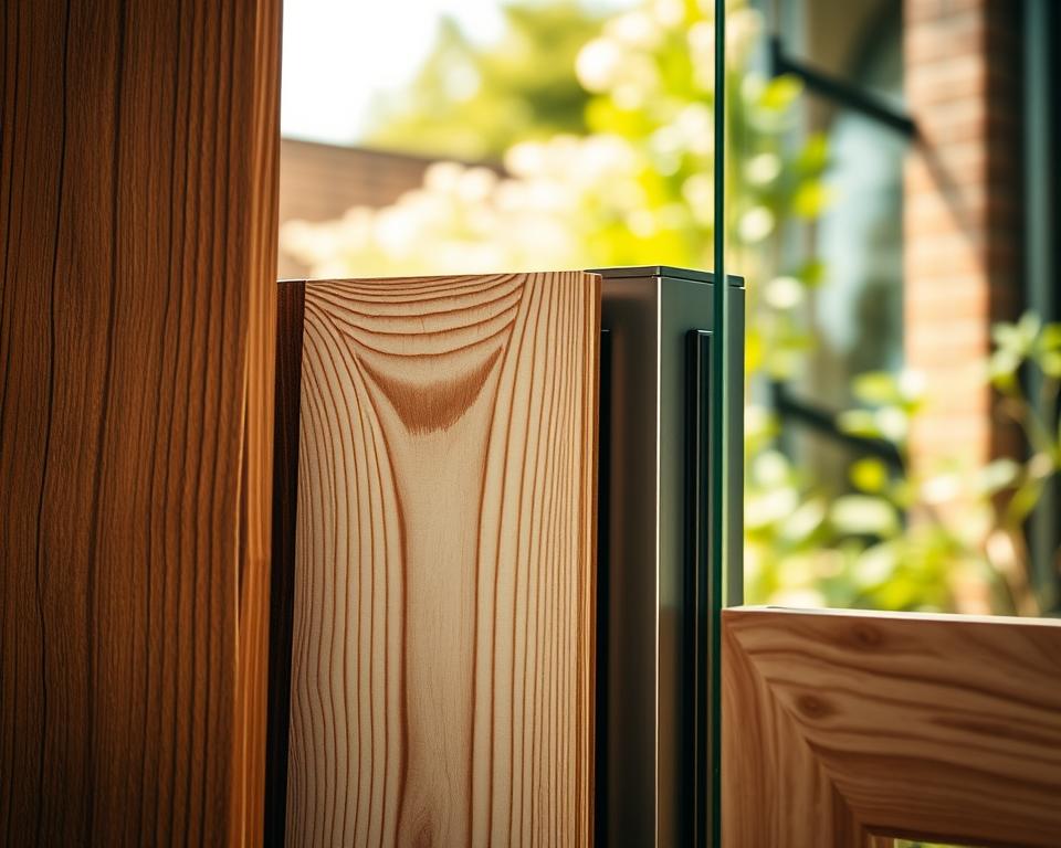 A detailed composition showcasing a selection of door materials ideal for a wooden garden house. In the foreground, display a close-up of solid wood, emphasizing its rich texture and natural grain. Next to it, feature laminated wood with visible layers, highlighting strength and versatility. Include a sleek metal frame, showcasing its industrial charm and durability. Lastly, present ESG VSG glass, with a subtle reflection of the surrounding environment, symbolizing transparency and modern design. The background should be softly blurred, suggesting a garden setting with greenery and pleasant sunlight filtering through. The overall mood is warm and inviting, conveying a sense of craftsmanship and quality in material choice. Use soft natural lighting to enhance the textures and colors, shot from a low angle to add depth. A detailed composition showcasing a selection of door materials ideal for a wooden garden house. In the foreground, display a close-up of solid wood, emphasizing its rich texture and natural grain. Next to it, feature laminated wood with visible layers, highlighting strength and versatility. Include a sleek metal frame, showcasing its industrial charm and durability. Lastly, present ESG VSG glass, with a subtle reflection of the surrounding environment, symbolizing transparency and modern design. The background should be softly blurred, suggesting a garden setting with greenery and pleasant sunlight filtering through. The overall mood is warm and inviting, conveying a sense of craftsmanship and quality in material choice. Use soft natural lighting to enhance the textures and colors, shot from a low angle to add depth.