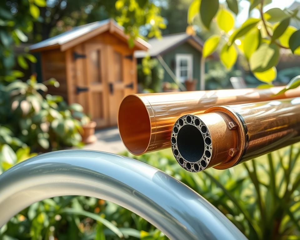 A detailed composition showcasing three types of pipes: PE-Rohr (polyethylene), copper, and multi-layer composite (Mehrschichtverbund). In the foreground, highlight a section of PE-Rohr with its smooth, flexible texture and glossy surface, contrasting with a section of shiny, metallic copper pipe. The middle ground features the multi-layer composite pipe, displaying its distinct layering. The setting is a garden environment, with lush greenery and a subtle garden shed in the background, indicating a relaxed outdoor atmosphere. Soft, natural sunlight filters through the leaves, casting gentle shadows and creating a warm feel. Capture the scene from a slightly elevated angle to emphasize the dimensions and details of the pipes, conveying a clear understanding of each material's characteristics without text or distractions. A detailed composition showcasing three types of pipes: PE-Rohr (polyethylene), copper, and multi-layer composite (Mehrschichtverbund). In the foreground, highlight a section of PE-Rohr with its smooth, flexible texture and glossy surface, contrasting with a section of shiny, metallic copper pipe. The middle ground features the multi-layer composite pipe, displaying its distinct layering. The setting is a garden environment, with lush greenery and a subtle garden shed in the background, indicating a relaxed outdoor atmosphere. Soft, natural sunlight filters through the leaves, casting gentle shadows and creating a warm feel. Capture the scene from a slightly elevated angle to emphasize the dimensions and details of the pipes, conveying a clear understanding of each material's characteristics without text or distractions.