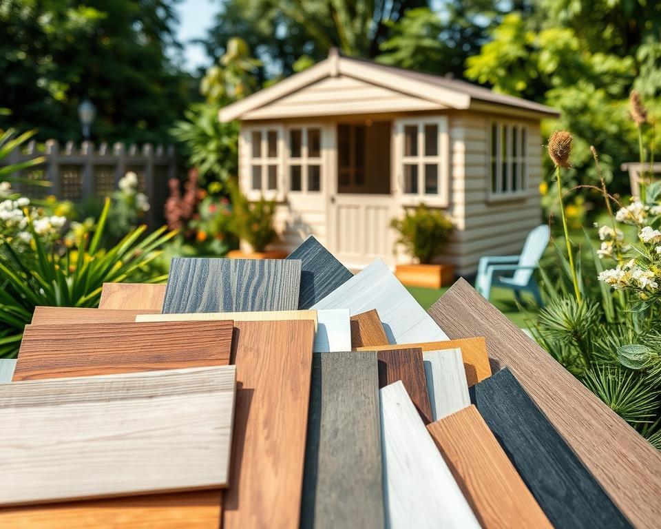 A detailed composition showcasing various weather protection solutions for garden house walls. In the foreground, display a close-up of different paint samples and wood stains, highlighting their textures and colors. The middle layer features an assortment of facade profiles, showcasing different materials like wood, vinyl, and metal with varying finishes, effectively illustrating weather resistance properties. The background captures a serene garden setting with a well-maintained garden house, surrounded by lush greenery, under soft, natural lighting that casts gentle shadows. The overall atmosphere is calm and harmonious, emphasizing durability and aesthetics, with a focus on practicality in exterior design. The image should be shot from a slightly elevated angle to provide depth and context without any text or watermarks. A detailed composition showcasing various weather protection solutions for garden house walls. In the foreground, display a close-up of different paint samples and wood stains, highlighting their textures and colors. The middle layer features an assortment of facade profiles, showcasing different materials like wood, vinyl, and metal with varying finishes, effectively illustrating weather resistance properties. The background captures a serene garden setting with a well-maintained garden house, surrounded by lush greenery, under soft, natural lighting that casts gentle shadows. The overall atmosphere is calm and harmonious, emphasizing durability and aesthetics, with a focus on practicality in exterior design. The image should be shot from a slightly elevated angle to provide depth and context without any text or watermarks.