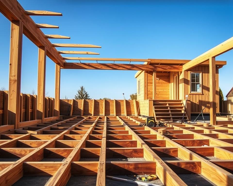 A detailed construction scene of a roof framework for a corner garden house, focusing on the preparation of the substructure. In the foreground, sturdy wooden battens are laid out, showcasing their arrangement for supporting the roof. In the middle ground, a sloping formwork is illustrated, emphasizing the gradient essential for water drainage. Tools like a level and measuring tape are scattered around, hinting at the precision required. The background features a partially built garden house under clear blue skies, with soft natural lighting enhancing the wood textures. The atmosphere is industrious yet calm, reflecting a professional and methodical approach to construction. Use a wide-angle lens to capture the entirety of the scene, ensuring a clear view of the details.