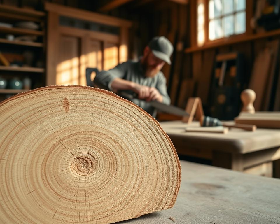A detailed cross-section of spruce wood showcasing its unique processing properties, positioned prominently in the foreground. The texture of the wood is highlighted, revealing its fine grain, knots, and pale coloration. In the middle ground, a craftsman in modest casual attire is using a hand saw to demonstrate the workability of the spruce, surrounded by woodworking tools like chisels and sandpaper. The background features a cozy workshop with warm, natural lighting filtering through a window, casting soft shadows that accentuate the wood's natural beauty. The overall atmosphere is serene and inviting, evoking the charm of working with quality materials in a well-organized space.